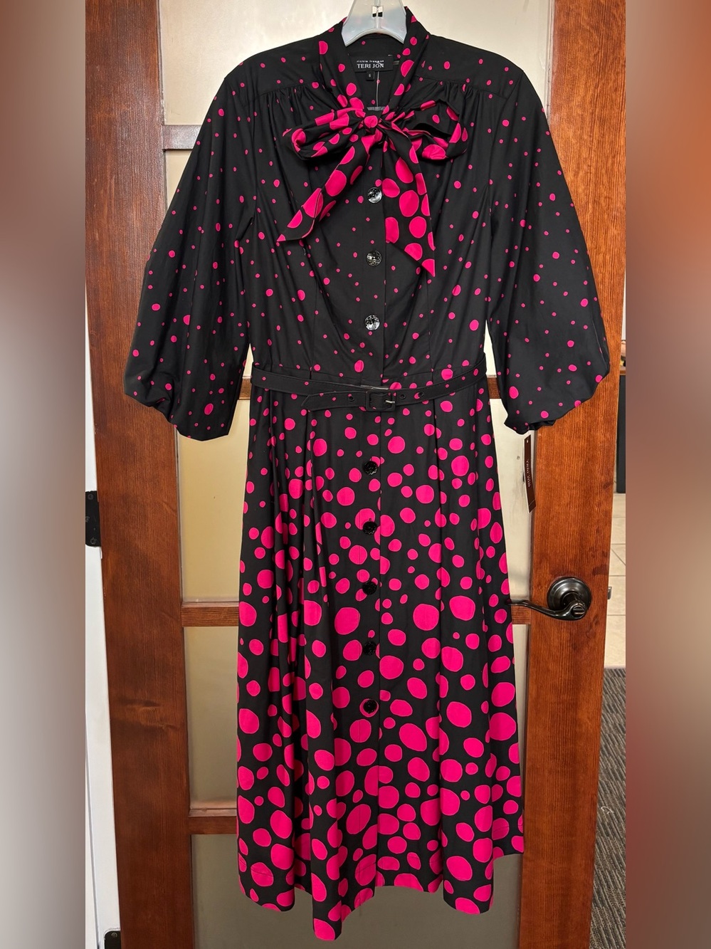 Teri Jon Black Midi Dress with Hot Pink Polka Dots and Tie Neck
